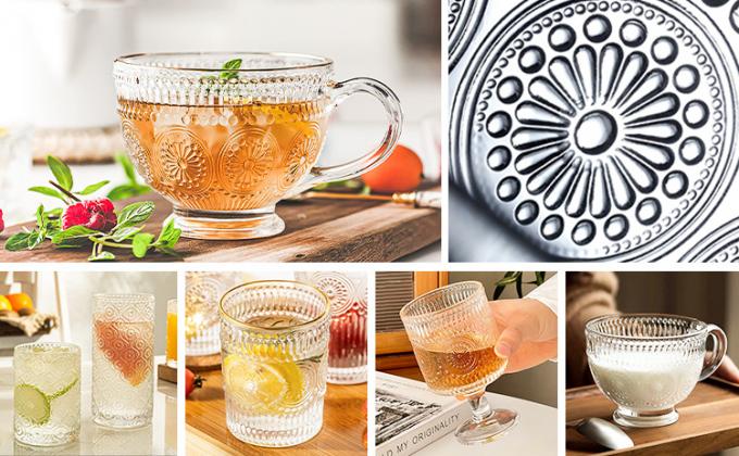 Retro kristalhelder koffiekoppen Drinkbekers Cup Ripple Glassware Embossed 4