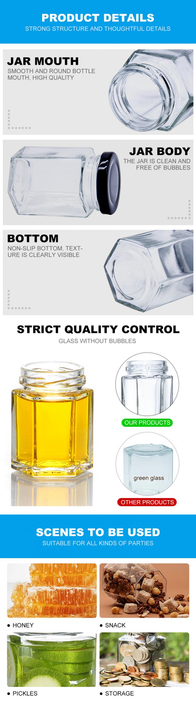 Op maat gemaakte 250 ml 300 ml 400 ml 500 ml zeshoekige glazen honingpotten 3