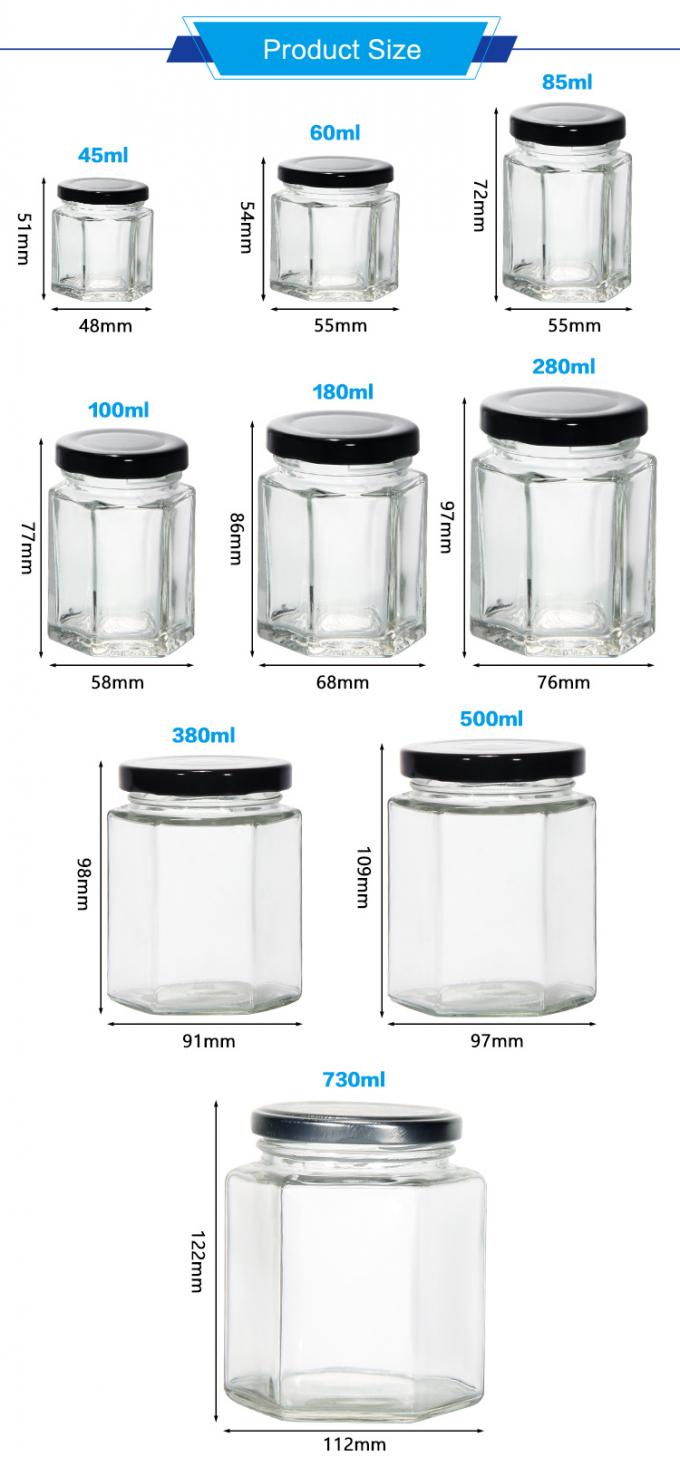 Op maat gemaakte 250 ml 300 ml 400 ml 500 ml zeshoekige glazen honingpotten 2