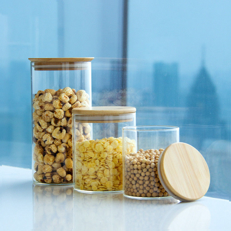 Milieuvriendelijk voedsel met een hoog borosilicaat Luchtdicht keuken glasopslagpotten met bamboe houten deksels