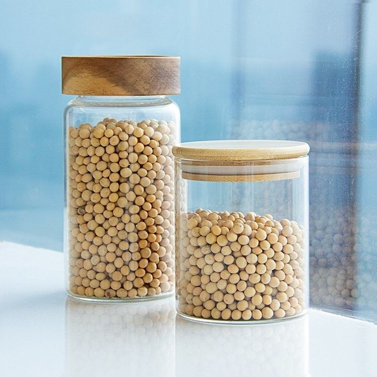 Milieuvriendelijk voedsel met een hoog borosilicaat Luchtdicht keuken glasopslagpotten met bamboe houten deksels