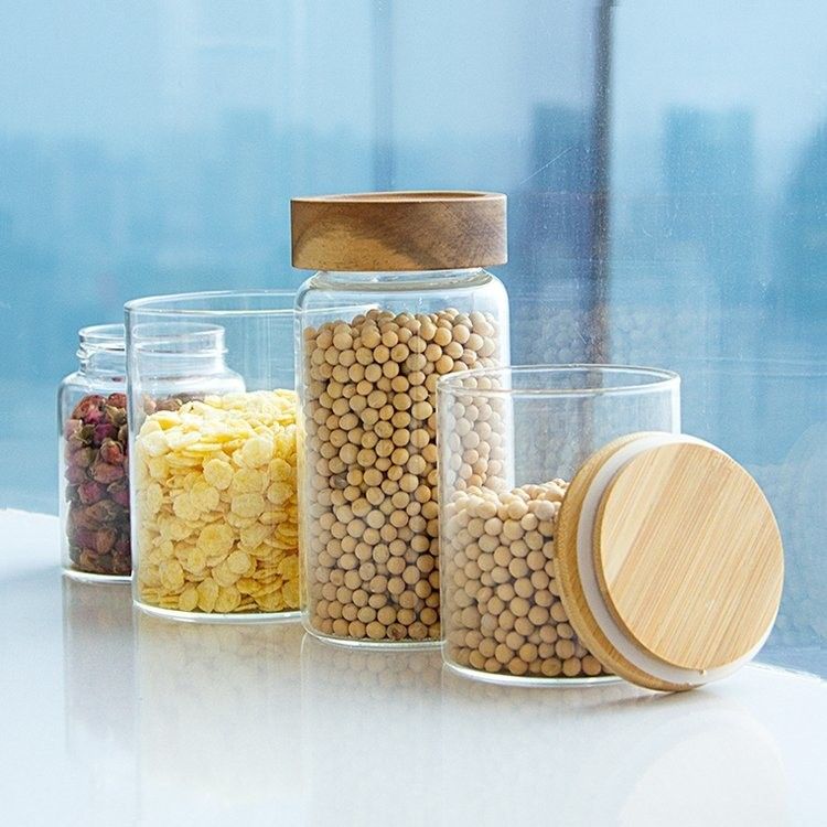 Milieuvriendelijk voedsel met een hoog borosilicaat Luchtdicht keuken glasopslagpotten met bamboe houten deksels