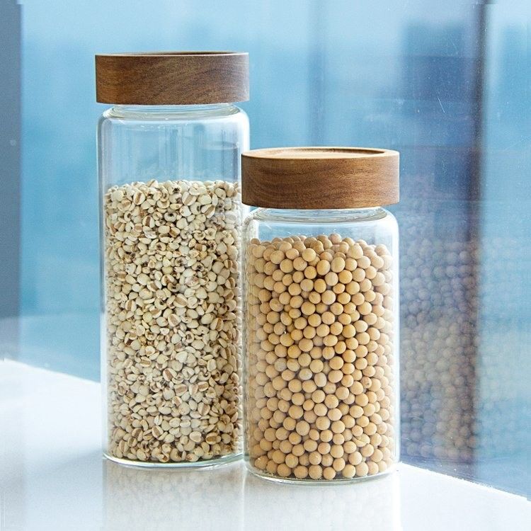 Milieuvriendelijk voedsel met een hoog borosilicaat Luchtdicht keuken glasopslagpotten met bamboe houten deksels