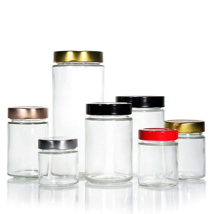Duidelijke ronde 4oz 8oz 16oz 12oz 20oz glazen pot glazen voedselcontainer met diep metaal deksel