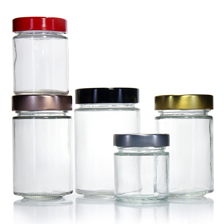 Duidelijke ronde 4oz 8oz 16oz 12oz 20oz glazen pot glazen voedselcontainer met diep metaal deksel