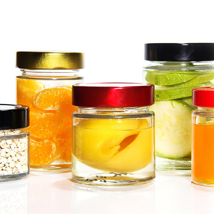 Duidelijke ronde 4oz 8oz 16oz 12oz 20oz glazen pot glazen voedselcontainer met diep metaal deksel