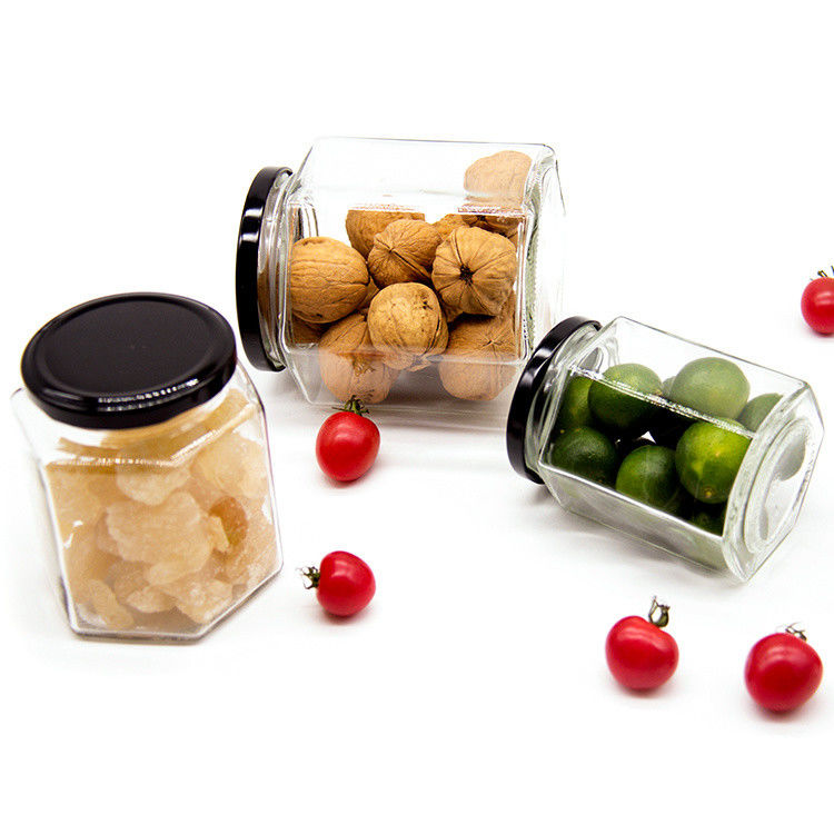 Custom Logo 100 ml 180 ml 280 ml 380 ml Jam Sauce Opberging Glasflessen Helder Zeshoekig Glas Honingpot