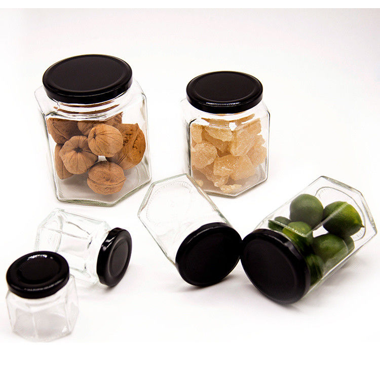 Custom Logo 100 ml 180 ml 280 ml 380 ml Jam Sauce Opberging Glasflessen Helder Zeshoekig Glas Honingpot