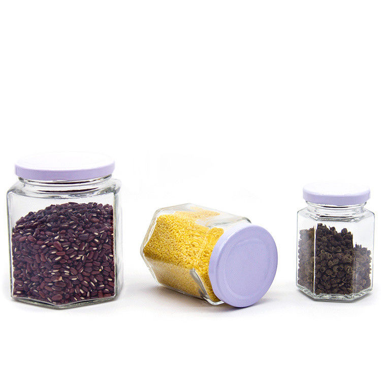 Custom Logo 100 ml 180 ml 280 ml 380 ml Jam Sauce Opberging Glasflessen Helder Zeshoekig Glas Honingpot
