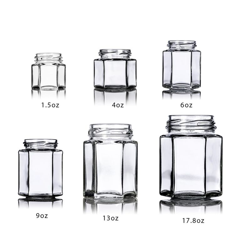 Custom Logo 100 ml 180 ml 280 ml 380 ml Jam Sauce Opberging Glasflessen Helder Zeshoekig Glas Honingpot