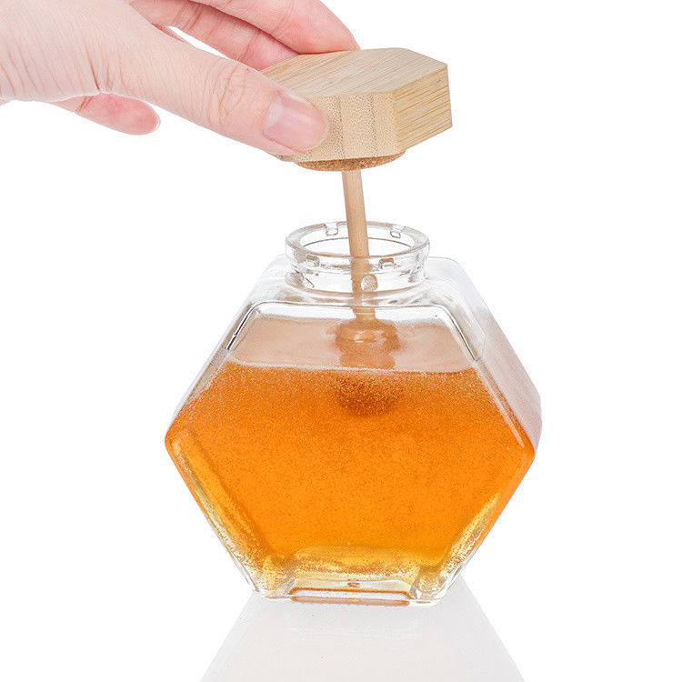 Hexagonale vorm Doorzichtige glazen keuken voedselopslag pot met roestvrijstalen deksel of doorzichtige deksel