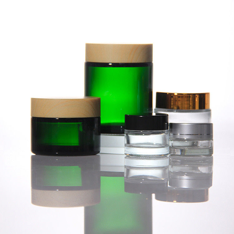 ODM gekleurde cosmetica glazen crème potten met gouden acacia deksel