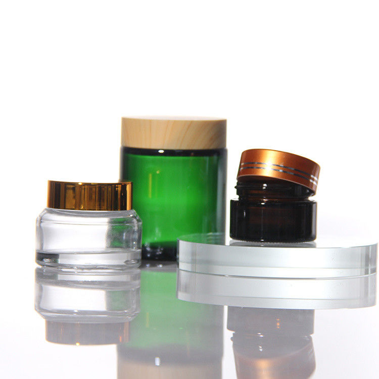 ODM gekleurde cosmetica glazen crème potten met gouden acacia deksel