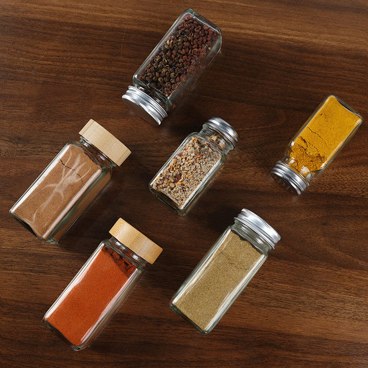 120 ml 90 ml glazen kruidenpotten met shaker giet deksel vierkant 4 oz kruidenpot voor de keuken