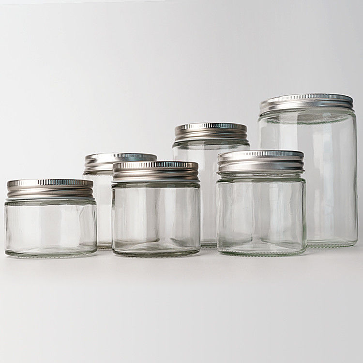 Leeg, helder glas, rond, rechtzijdig, 4oz, 8oz, 12oz, 20oz glaspot, voedselcontainer met diep metaal deksel.