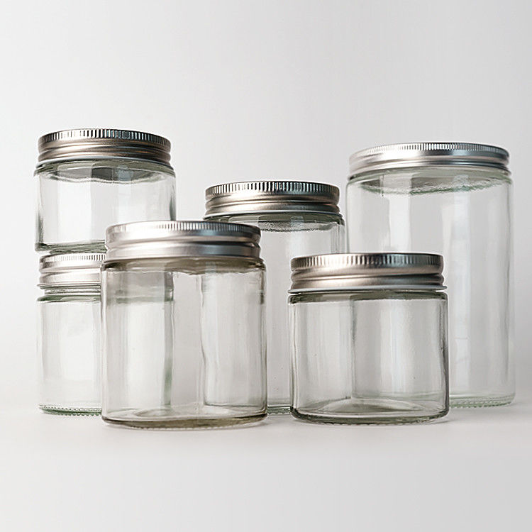 Leeg, helder glas, rond, rechtzijdig, 4oz, 8oz, 12oz, 20oz glaspot, voedselcontainer met diep metaal deksel.