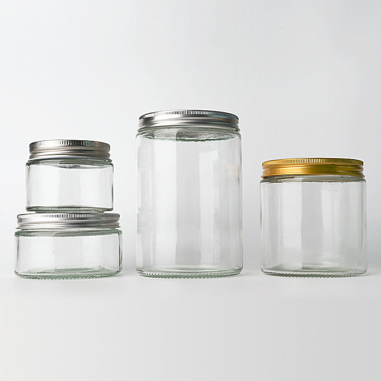 Leeg, helder glas, rond, rechtzijdig, 4oz, 8oz, 12oz, 20oz glaspot, voedselcontainer met diep metaal deksel.