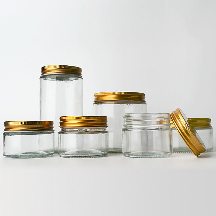 Fabrieksvoorraad 8oz 12oz lege heldere snoep ronde containers glazen potten met gouden metalen deksels
