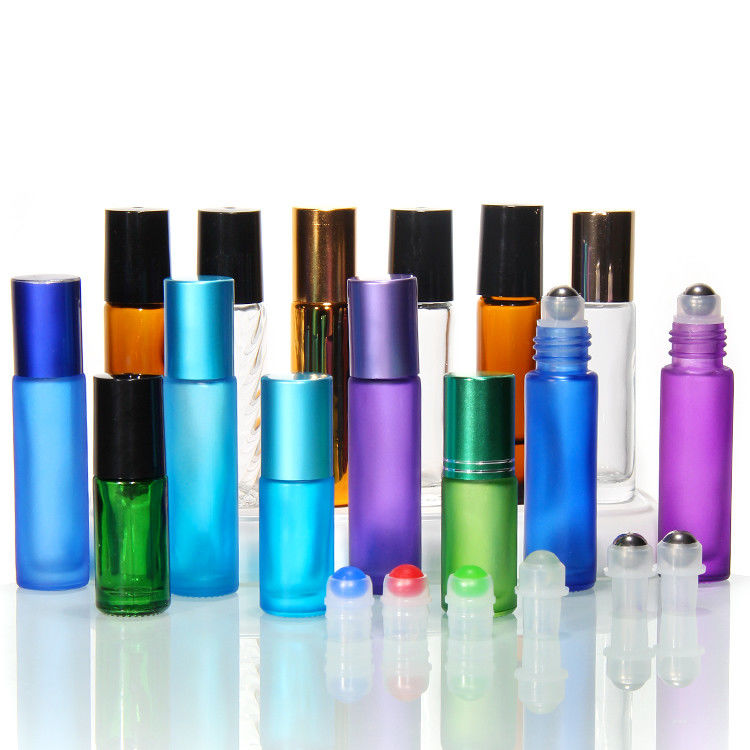 10 ml regenboogkleurige glazen rolflessen voor etherische olie met geborstelde dop